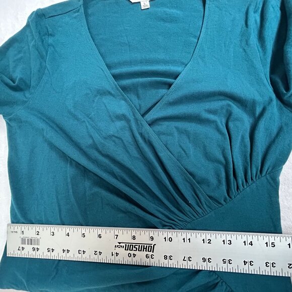 CAbi Womens Teal Blue Diamond Faux Wrap Surplice Blouse Top Large Stretch Casual - Picture 6 of 9